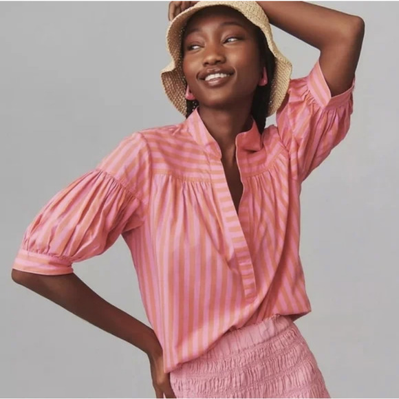 ANTHROPOLOGIE Darcey Top Pink Striped Popover Swing Puff Sleeve Blouse - Picture 3 of 9